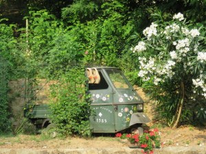 A little decorated Piaggio at the entrance to the !.  Jean wants one